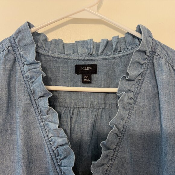 J. Crew Womens Blue Chambray Button-Front Sleeveless Ruffle Shirt Top Blouse XXL - Picture 3 of 9